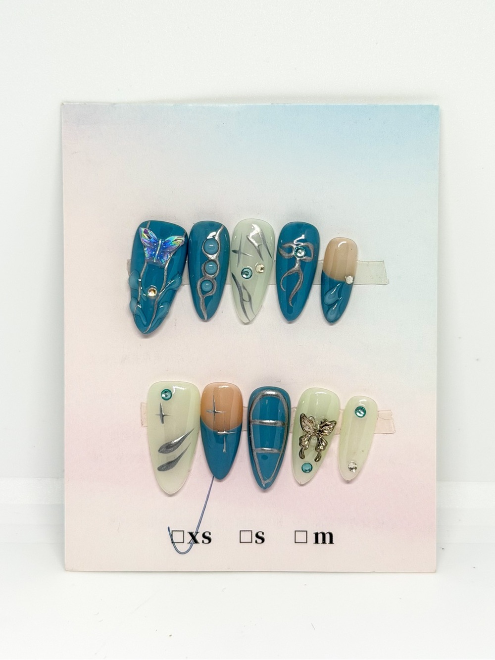 Teal & Cream Decorative Press-On Nail Set - Women Accessories